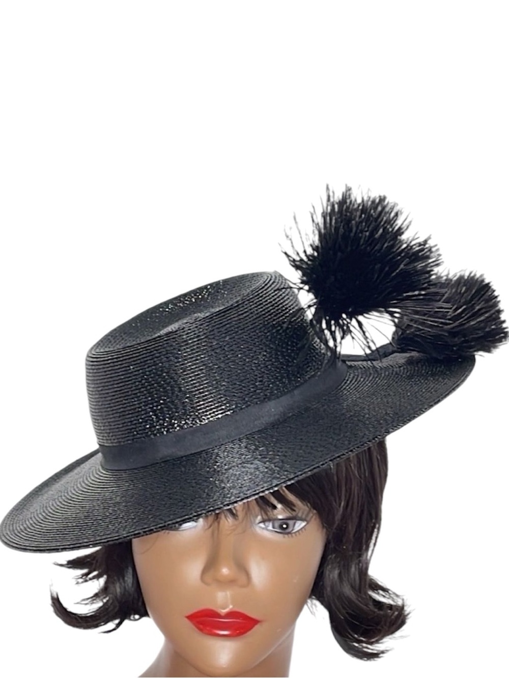 Vintage 60s Black Straw Hat with Feather Plume - Picture 1 of 15